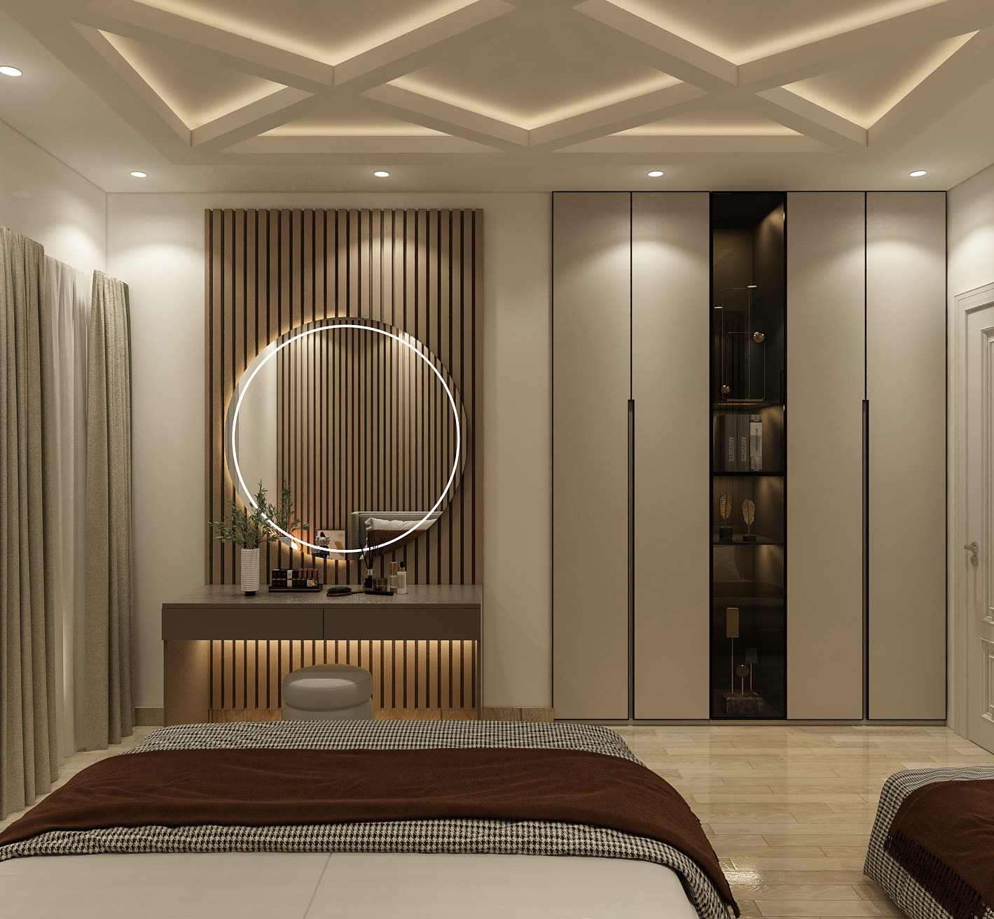 Residential master bedroom dressing area with round mirror